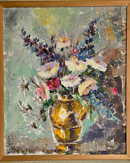 Mid 20th Century Signed Floral Still Life Original Art in Gilded Frame