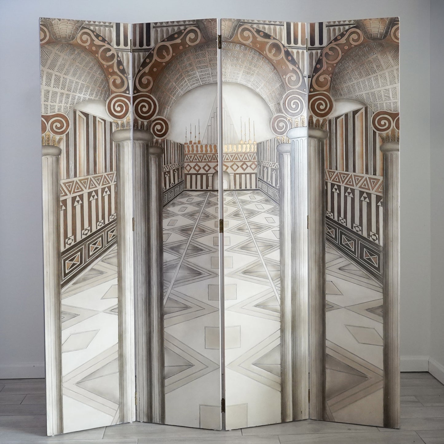 Vintage Neoclassical Trompe-l'Oeil Four Panel Screen Room Divider