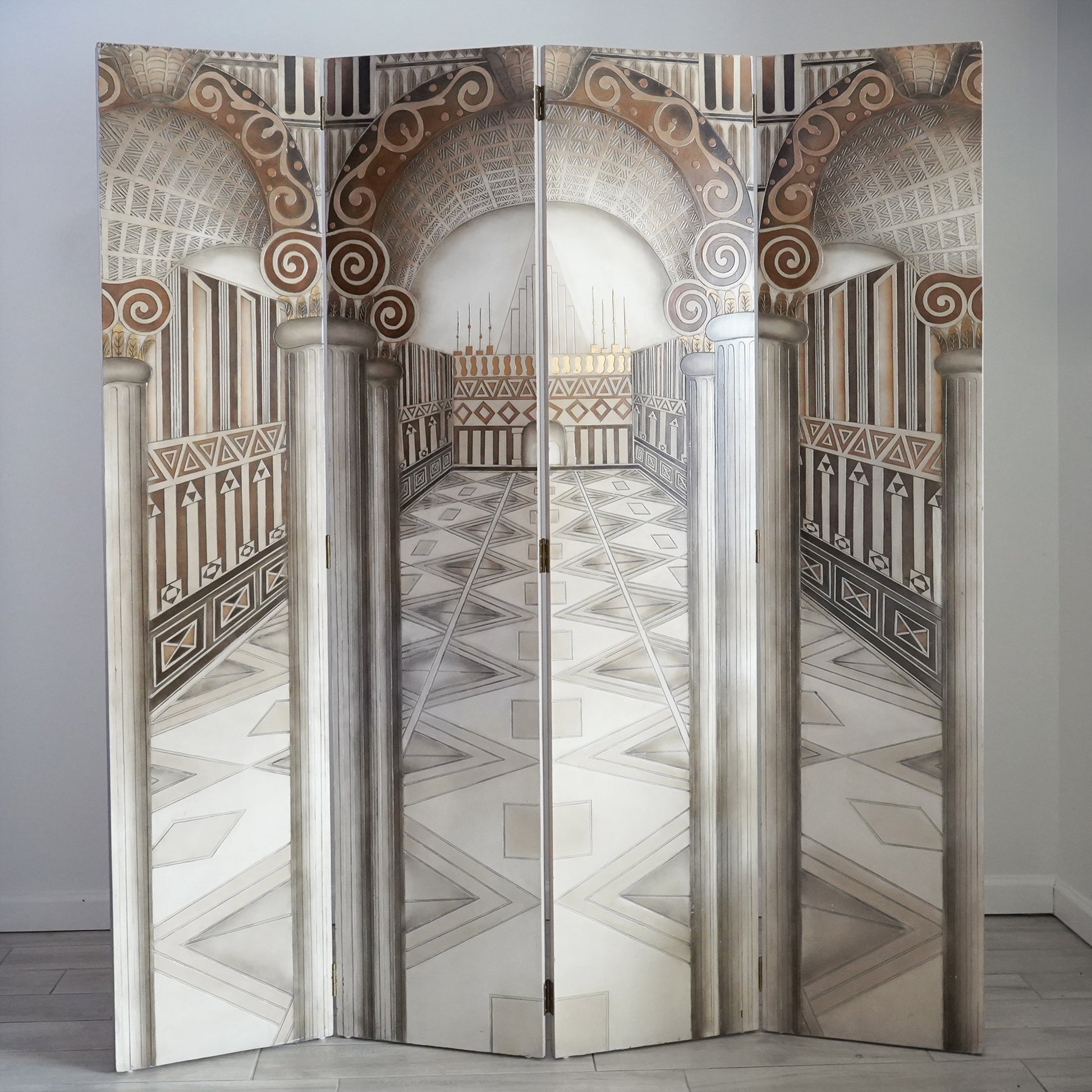 Vintage Neoclassical Trompe-l'Oeil Four Panel Screen Room Divider