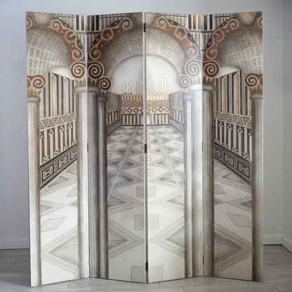 Vintage Neoclassical Trompe-l'Oeil Four Panel Screen Room Divider