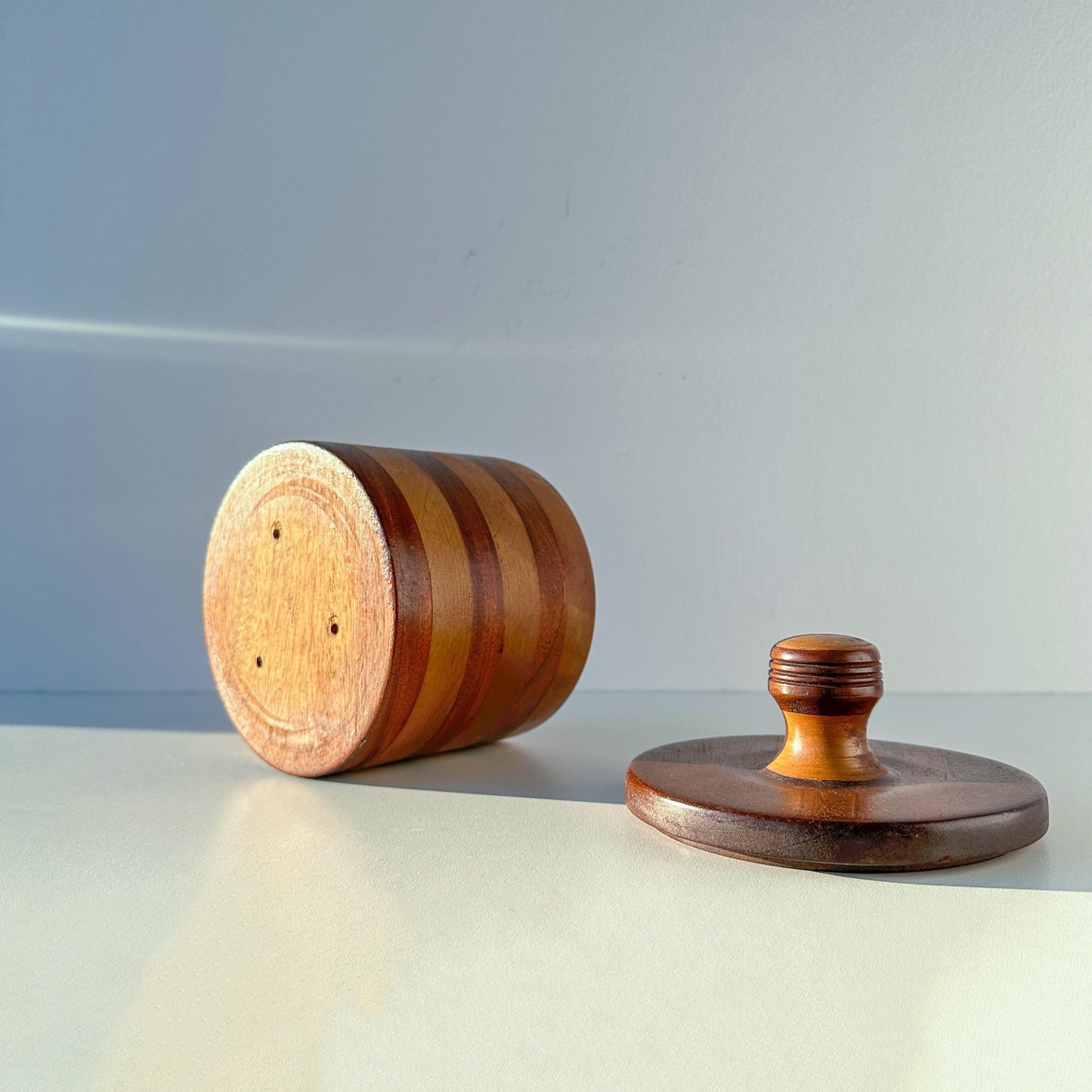 Hand Turned Striped Wood Canister With Lid