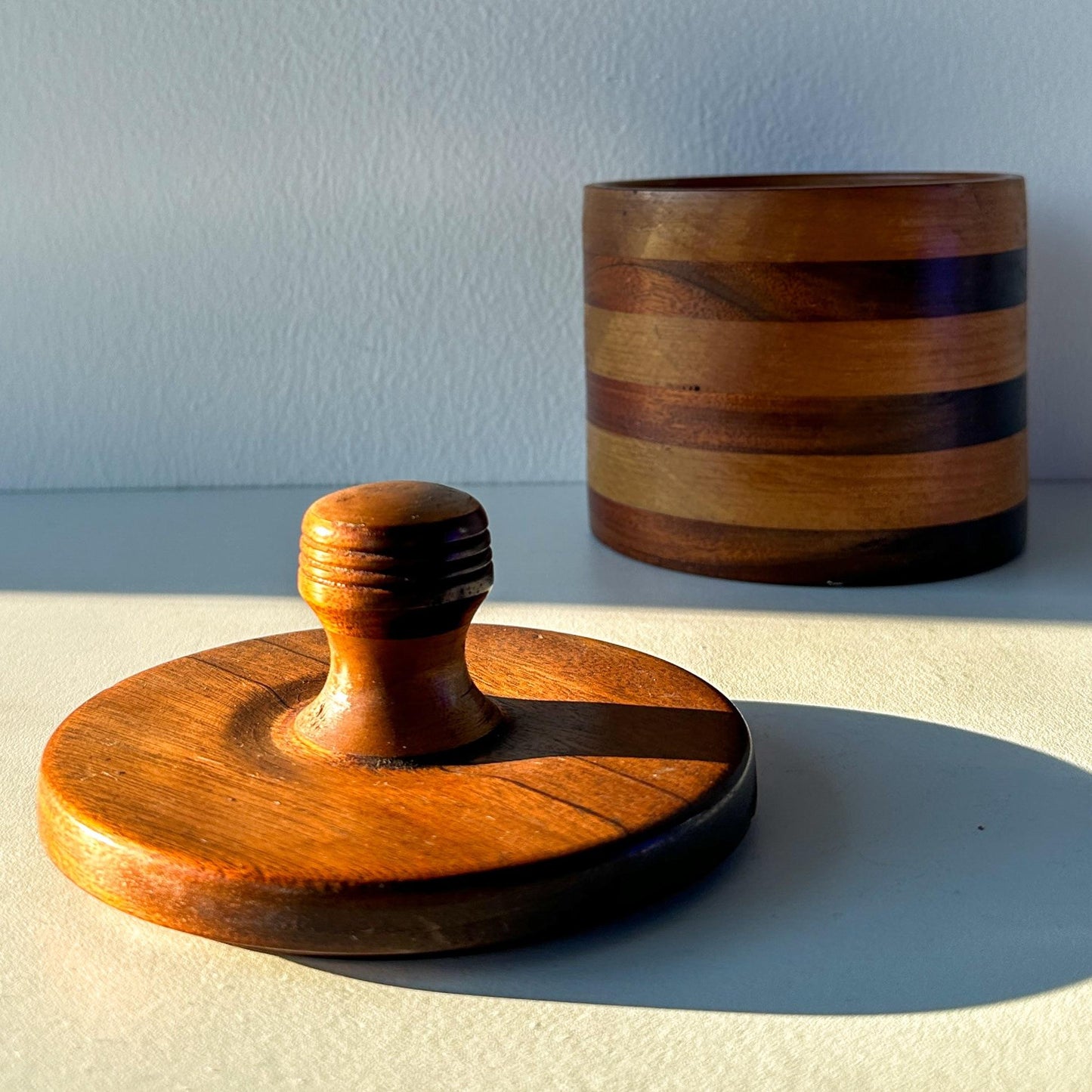 Hand Turned Striped Wood Canister With Lid