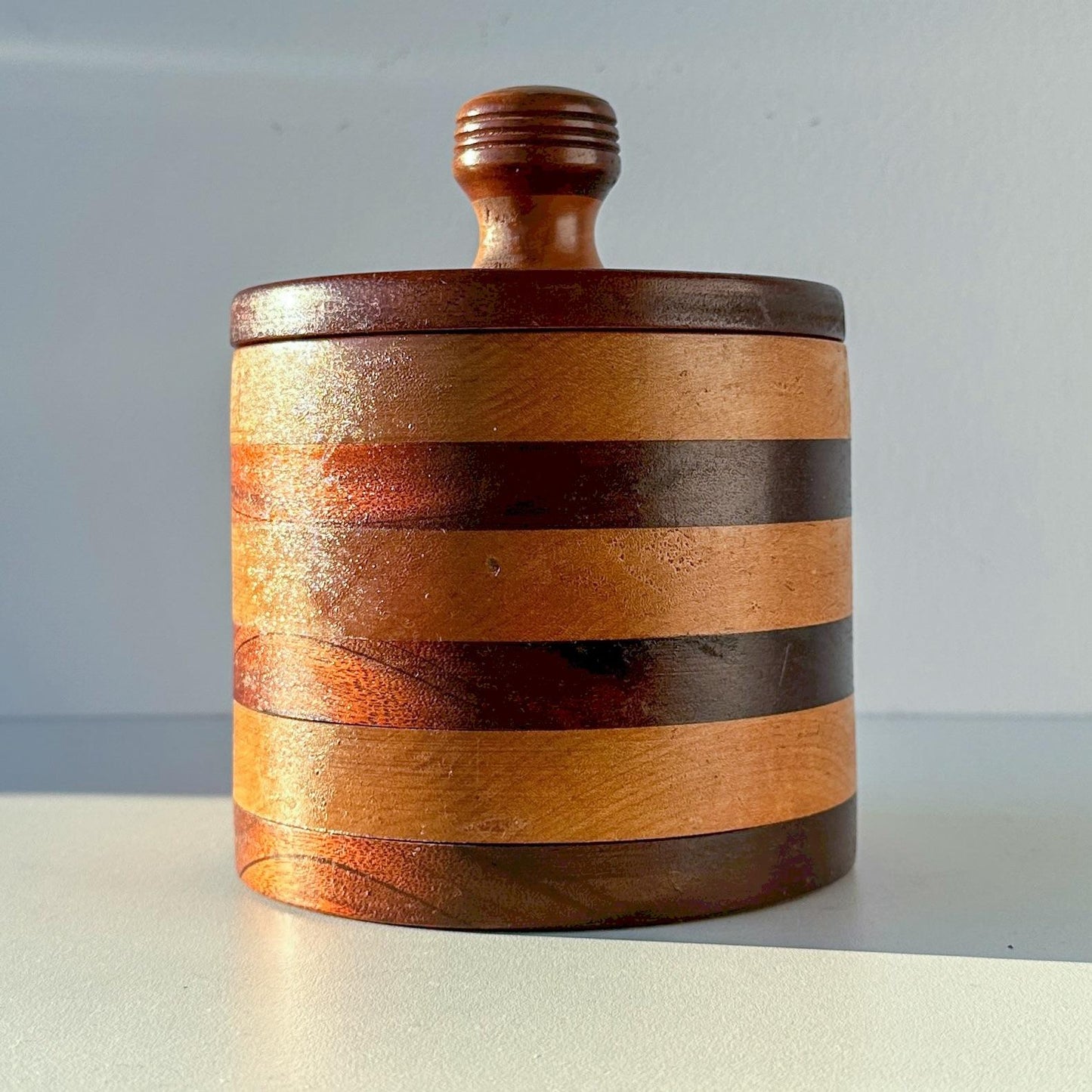 Hand Turned Striped Wood Canister With Lid