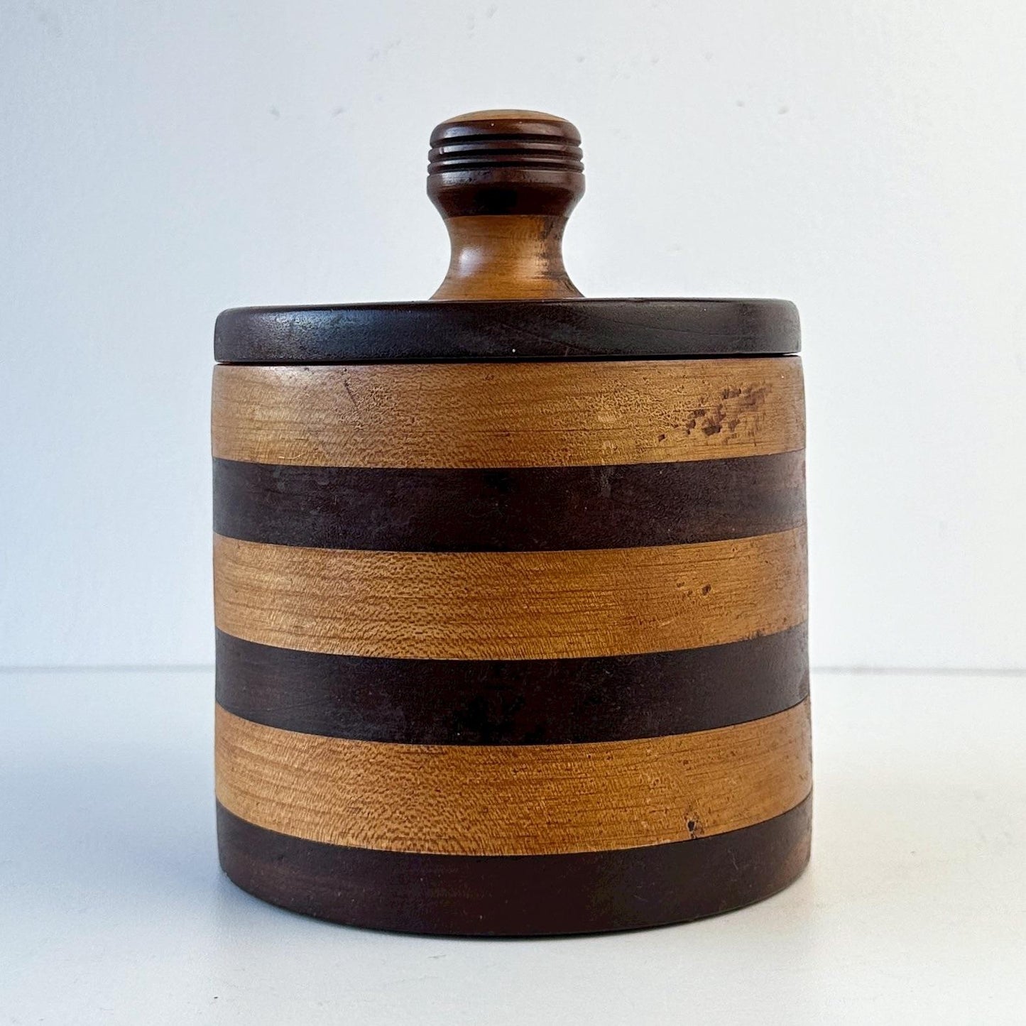 Hand Turned Striped Wood Canister With Lid