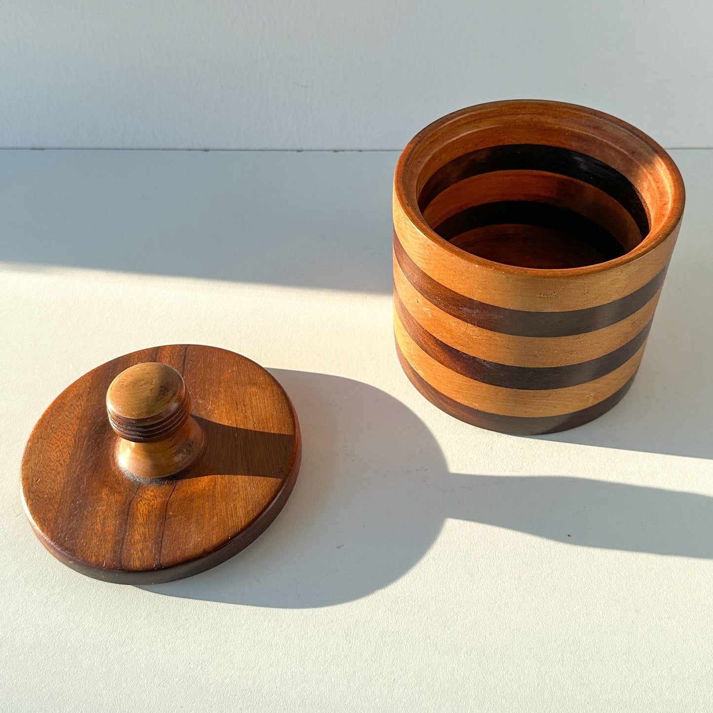 Hand Turned Striped Wood Canister With Lid