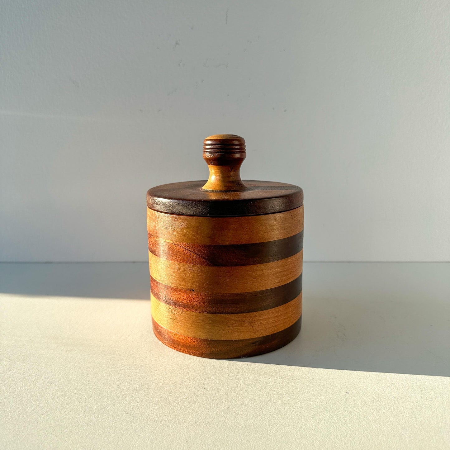 Hand Turned Striped Wood Canister With Lid