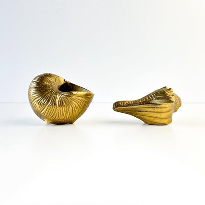 Brass Conch and Nautilus Seashell Ashtray Set