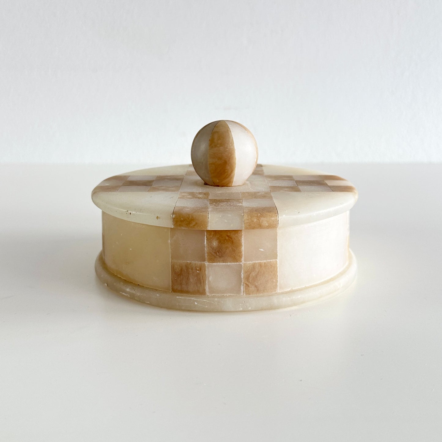 Vintage Italian Marble Checkerboard Lidded Box – Round Stone Catchall