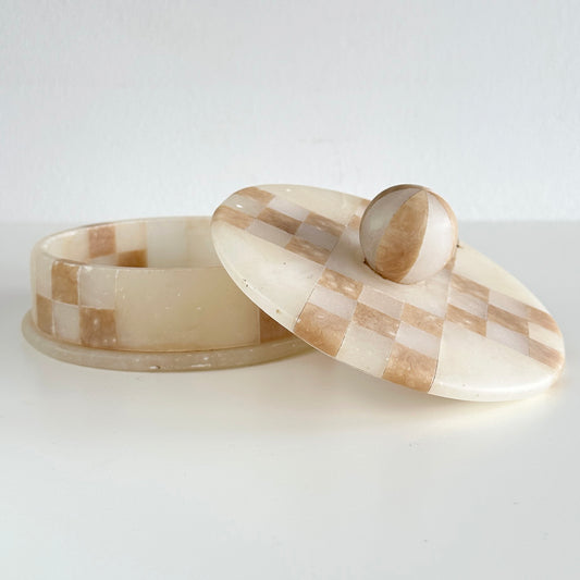 Vintage Italian Marble Checkerboard Lidded Box – Round Stone Catchall