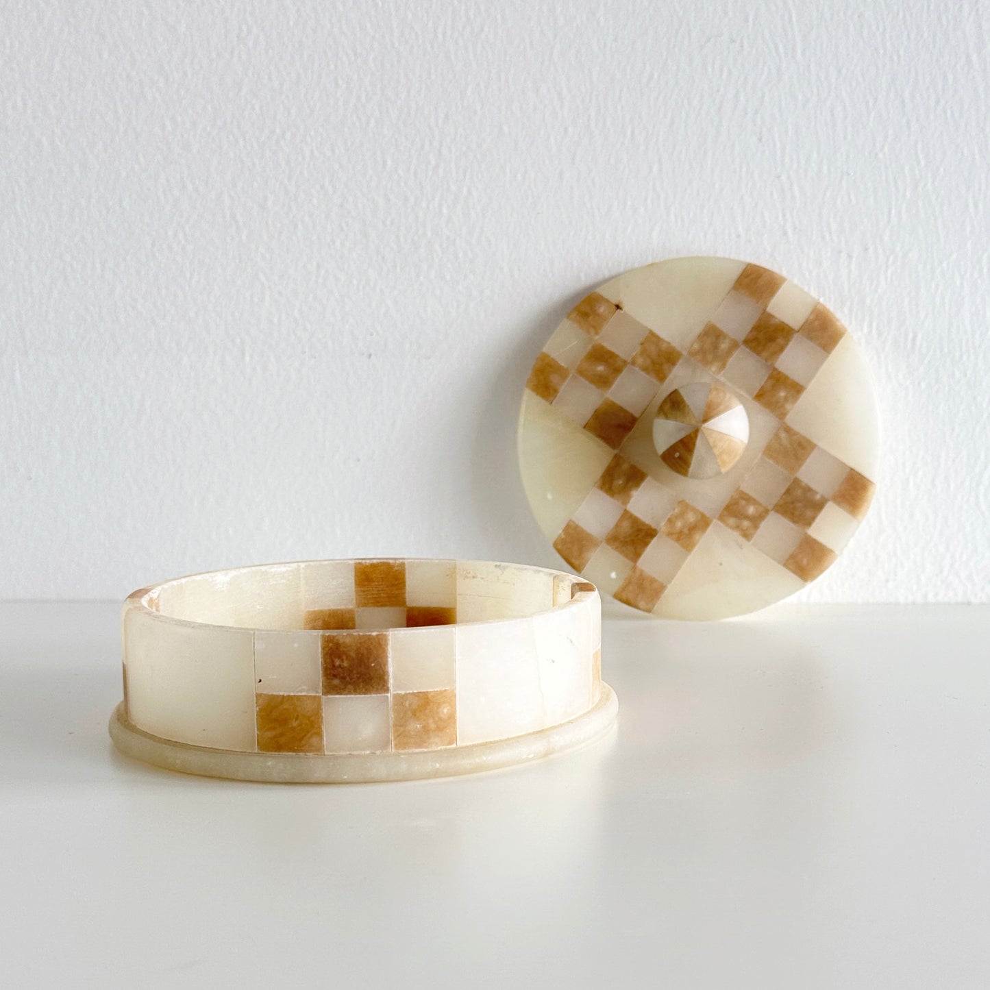 Vintage Italian Marble Checkerboard Lidded Box – Round Stone Catchall