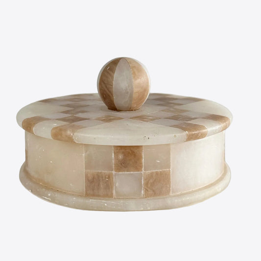 Vintage Italian Marble Checkerboard Lidded Box – Round Stone Catchall