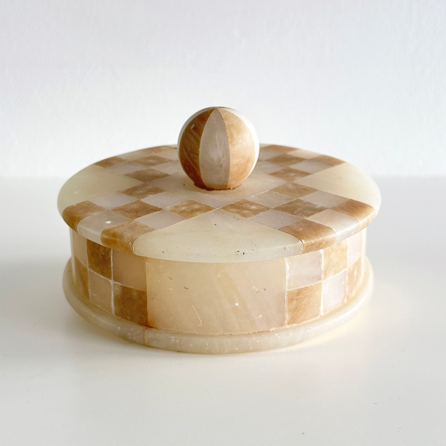 Vintage Italian Marble Checkerboard Lidded Box – Round Stone Catchall