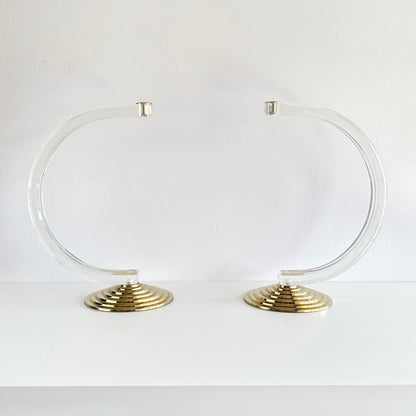 Mid-Century Modern Lucite and Brass Candle Holder Pair