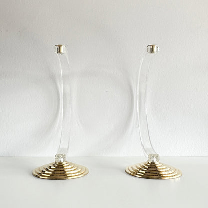 Mid-Century Modern Lucite and Brass Candle Holder Pair