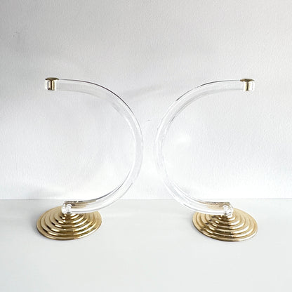 Mid-Century Modern Lucite and Brass Candle Holder Pair