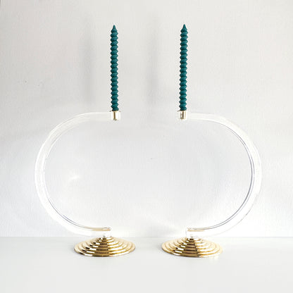 Mid-Century Modern Lucite and Brass Candle Holder Pair