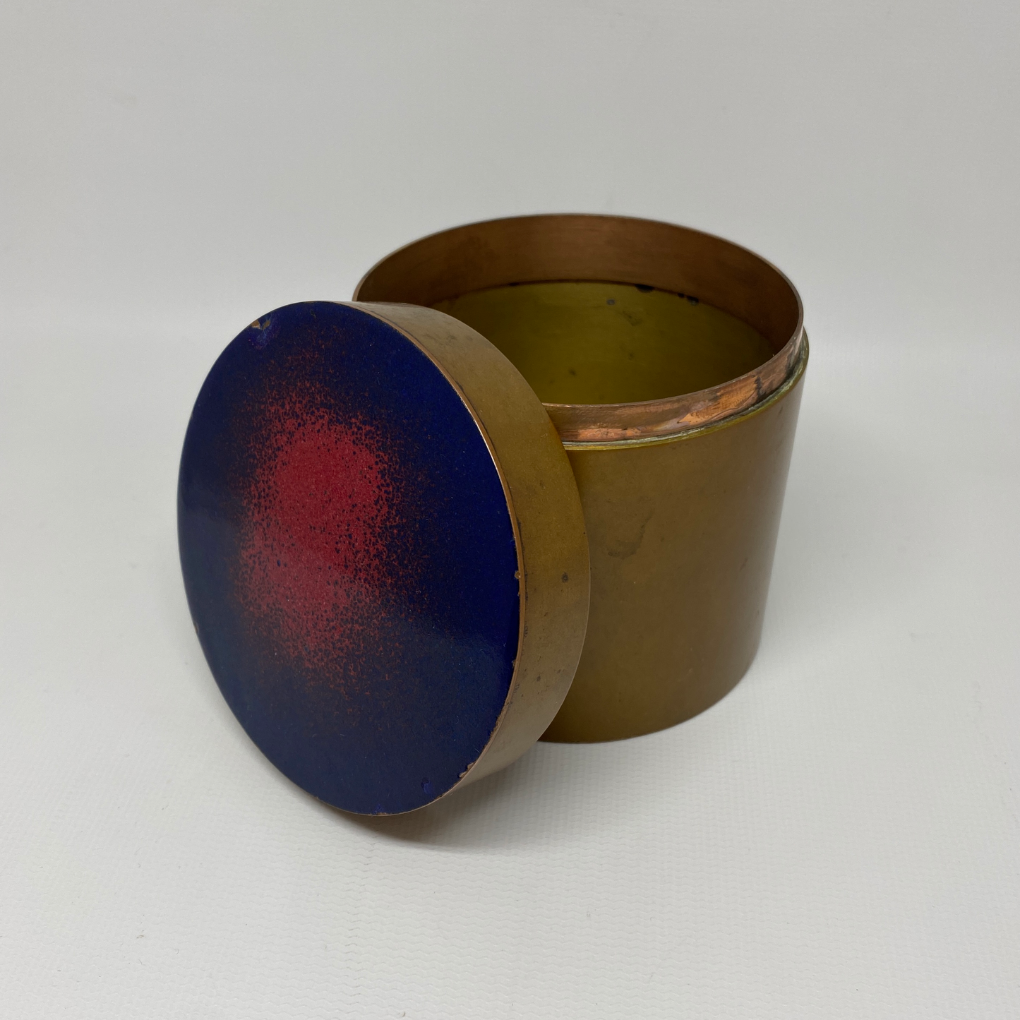 Mid-Century Enameled Lid Round Brass Box