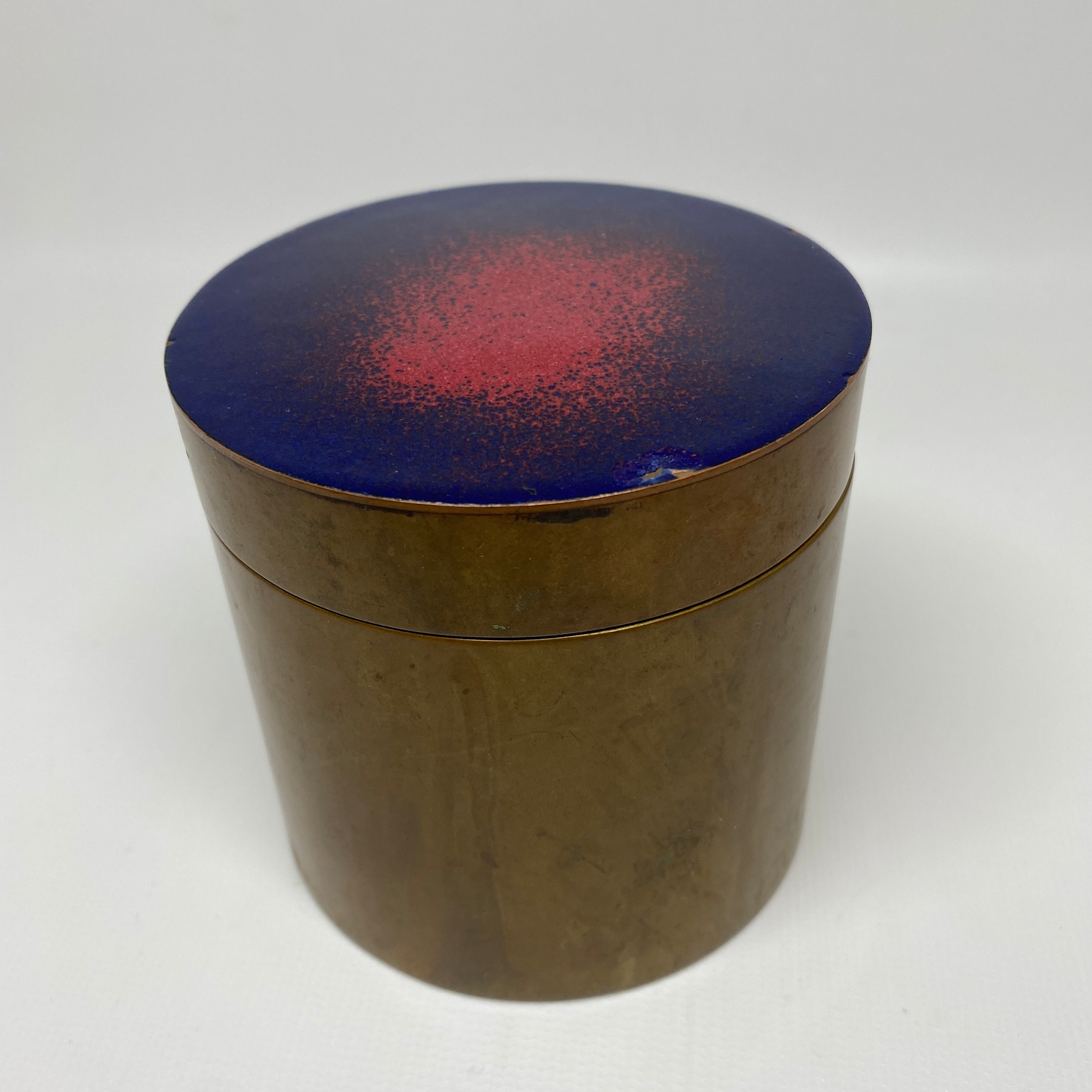 Mid-Century Enameled Lid Round Brass Box