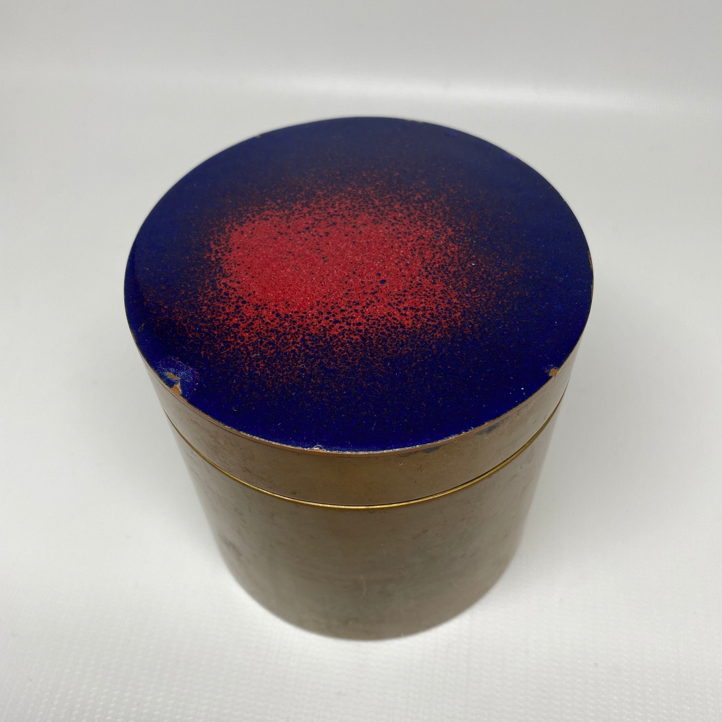 Mid-Century Enameled Lid Round Brass Box