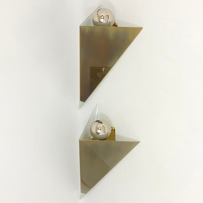 Postmodern Brass Finish, Glass Finial, and Chrome Sphere Sconces- a Pair