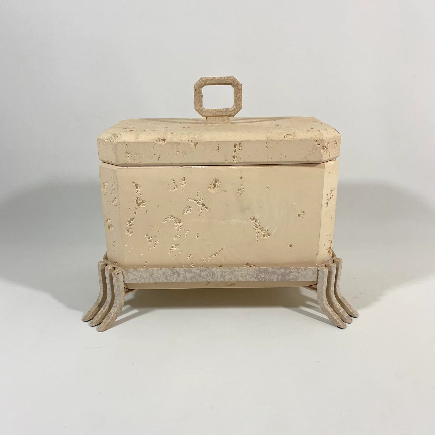 Postmodern Faux Travertine Ceramic Box With Metal Stand and Handle