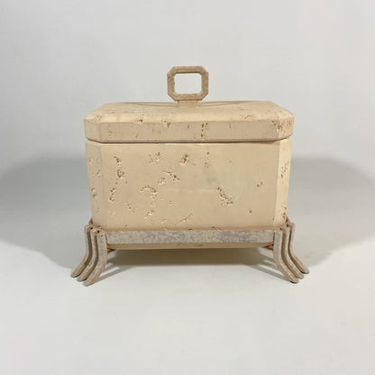Postmodern Faux Travertine Ceramic Box With Metal Stand and Handle