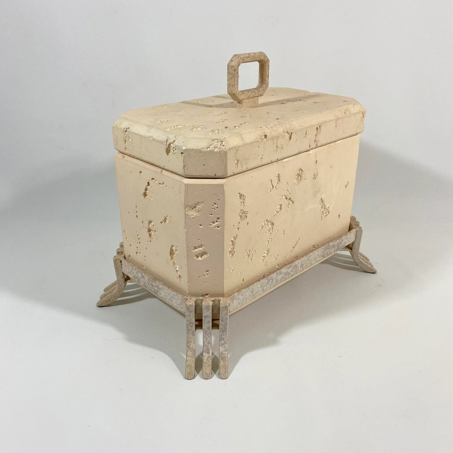 Postmodern Faux Travertine Ceramic Box With Metal Stand and Handle