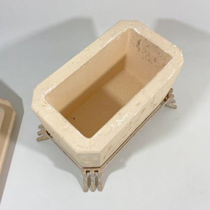 Postmodern Faux Travertine Ceramic Box With Metal Stand and Handle