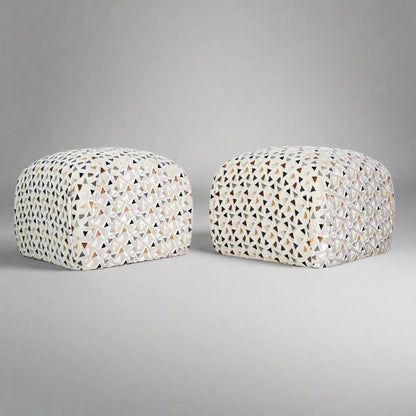 Mid 20th Century Soufflé Pouf Ottoman Pair After Karl Springer in Kravet Trio Tango Fabric