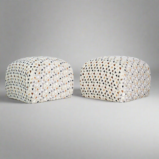 Mid 20th Century Soufflé Pouf Ottoman Pair After Karl Springer in Kravet Trio Tango Fabric