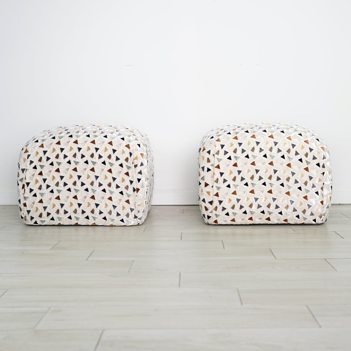 Mid 20th Century Soufflé Pouf Ottoman Pair After Karl Springer in Kravet Trio Tango Fabric