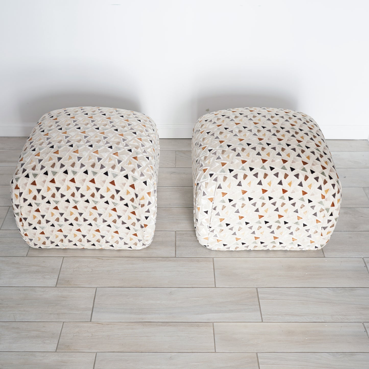 Mid 20th Century Soufflé Pouf Ottoman Pair After Karl Springer in Kravet Trio Tango Fabric
