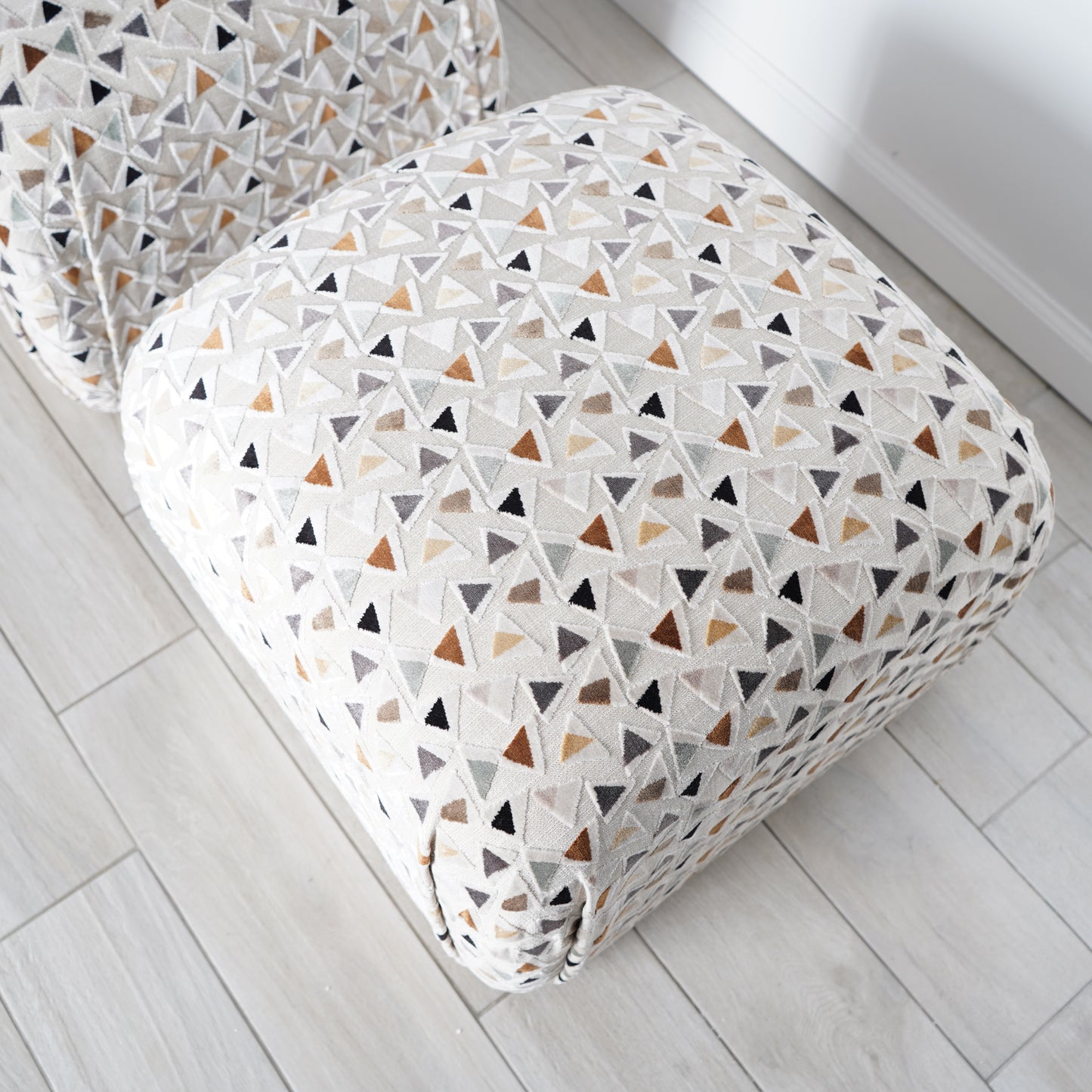 Mid 20th Century Soufflé Pouf Ottoman Pair After Karl Springer in Kravet Trio Tango Fabric