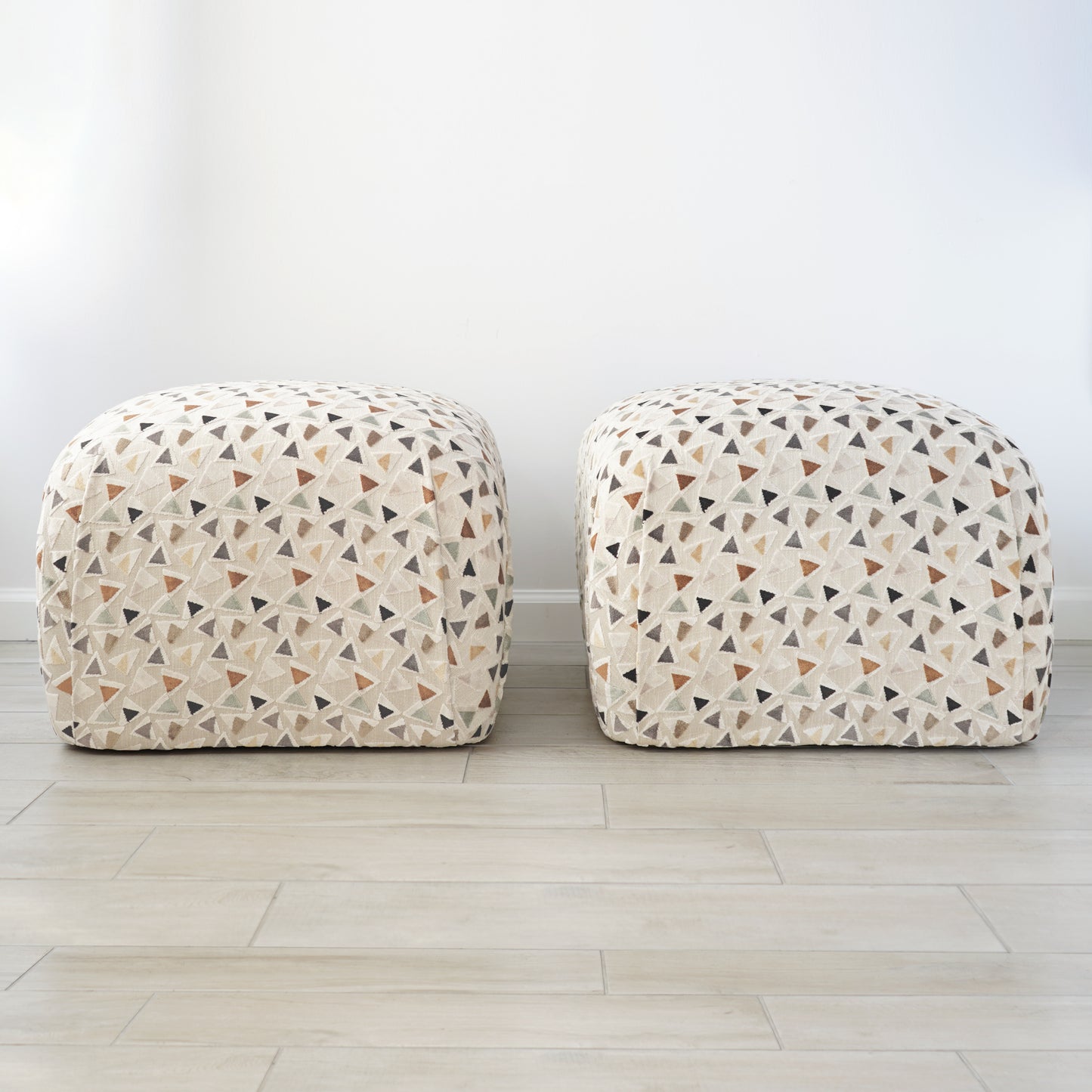 Mid 20th Century Soufflé Pouf Ottoman Pair After Karl Springer in Kravet Trio Tango Fabric