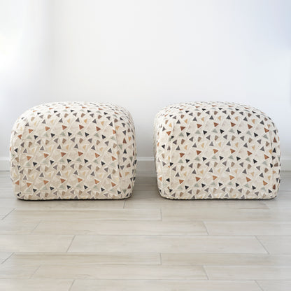 Mid 20th Century Soufflé Pouf Ottoman Pair After Karl Springer in Kravet Trio Tango Fabric