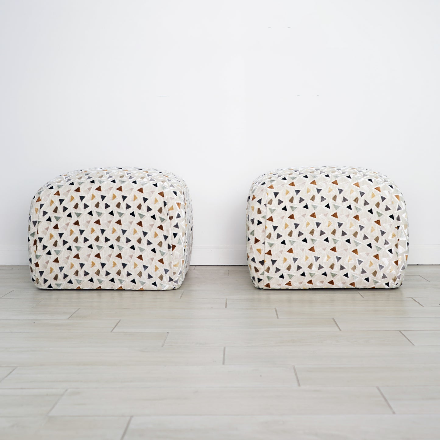 Mid 20th Century Soufflé Pouf Ottoman Pair After Karl Springer in Kravet Trio Tango Fabric