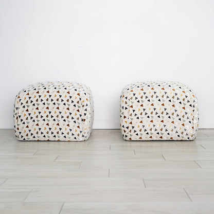 Mid 20th Century Soufflé Pouf Ottoman Pair After Karl Springer in Kravet Trio Tango Fabric