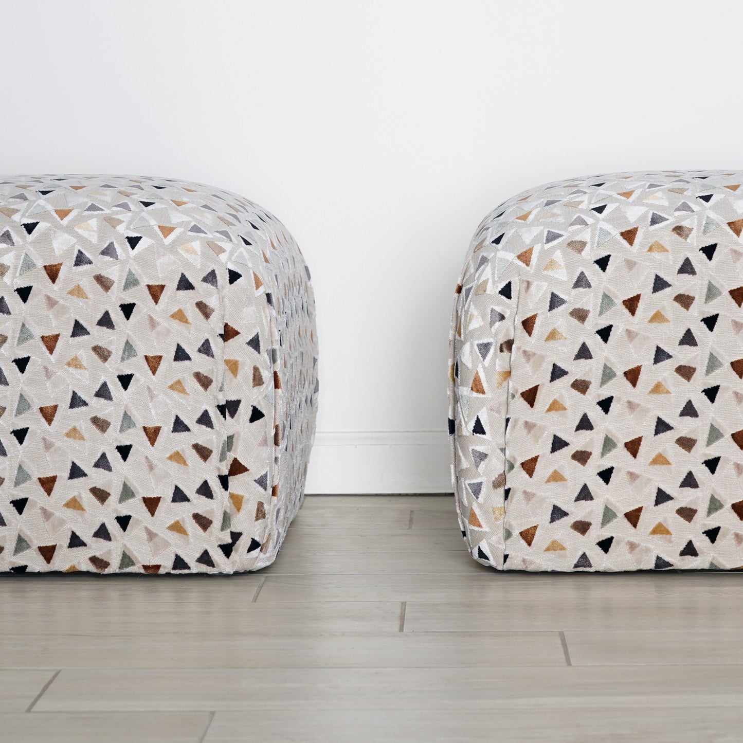 Mid 20th Century Soufflé Pouf Ottoman Pair After Karl Springer in Kravet Trio Tango Fabric
