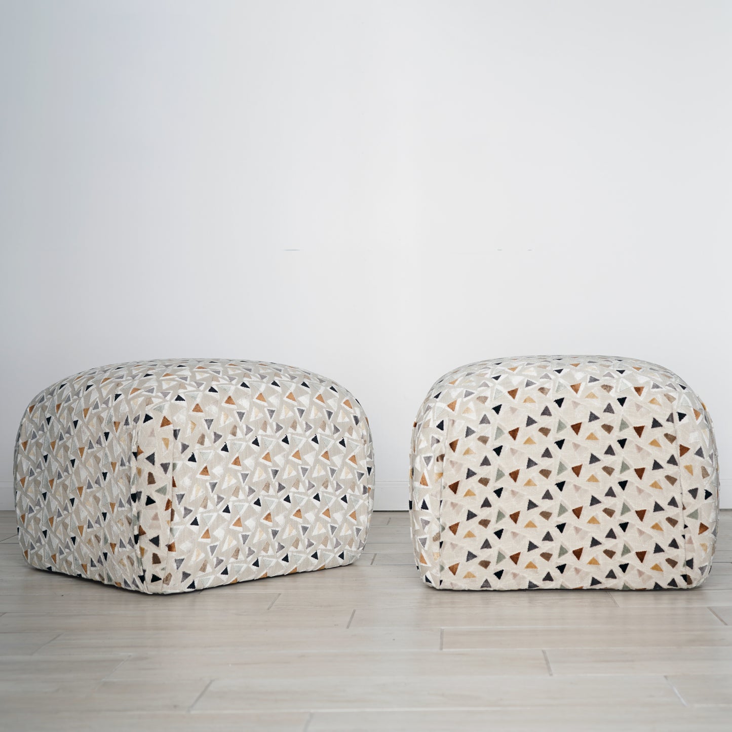Mid 20th Century Soufflé Pouf Ottoman Pair After Karl Springer in Kravet Trio Tango Fabric