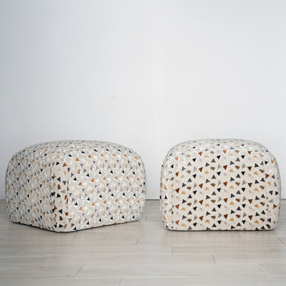 Mid 20th Century Soufflé Pouf Ottoman Pair After Karl Springer in Kravet Trio Tango Fabric