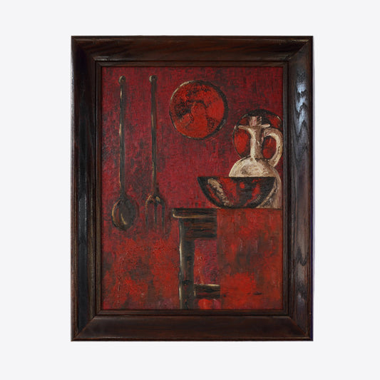 20th Century Vintage Primitive Still Life – Oil on Board