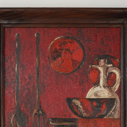 20th Century Vintage Primitive Still Life – Oil on Board