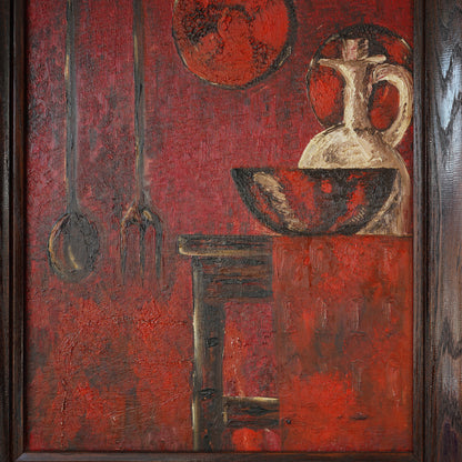 20th Century Vintage Primitive Still Life – Oil on Board