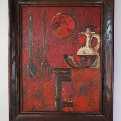 20th Century Vintage Primitive Still Life – Oil on Board