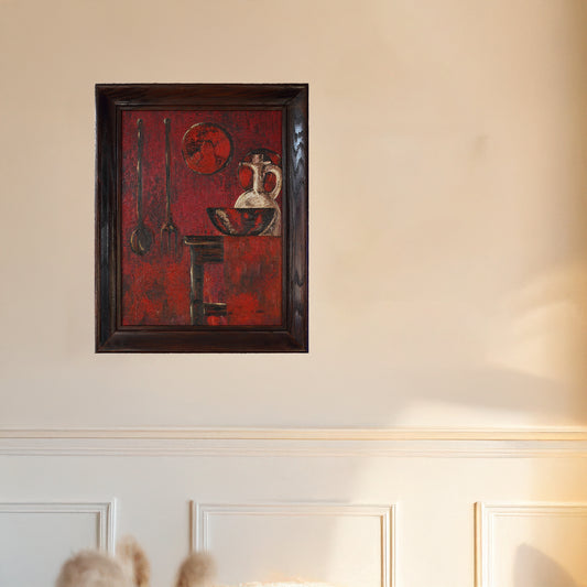 20th Century Vintage Primitive Still Life – Oil on Board