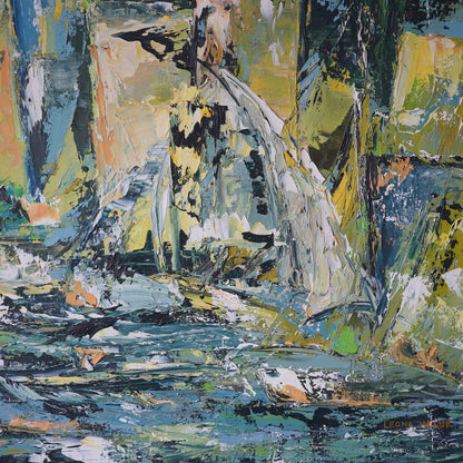 Leona Heluk (1932-2002) Mid-Century Abstract Expressionist Sailboat Oil Painting Original