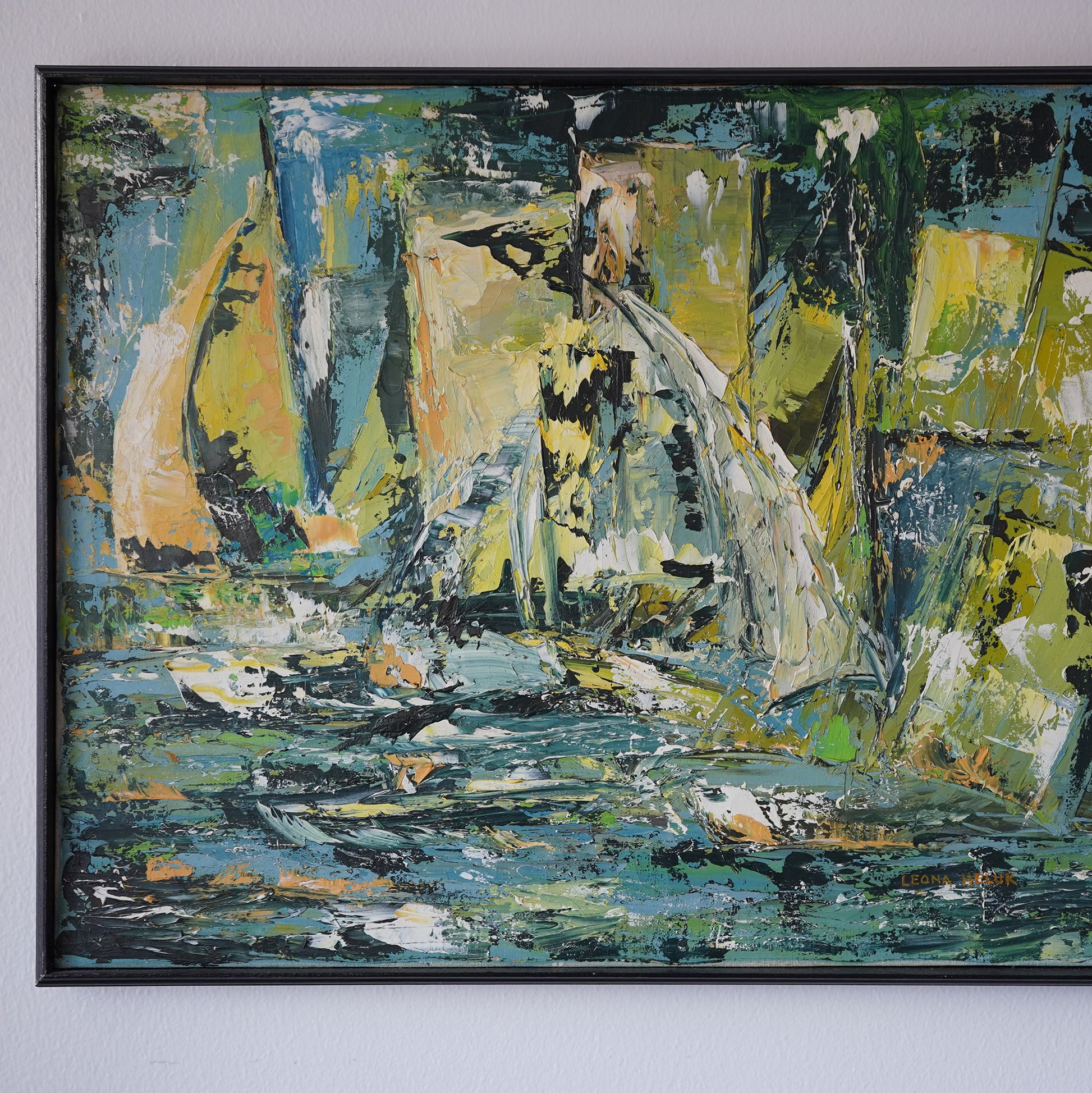 Leona Heluk (1932-2002) Mid-Century Abstract Expressionist Sailboat Oil Painting Original