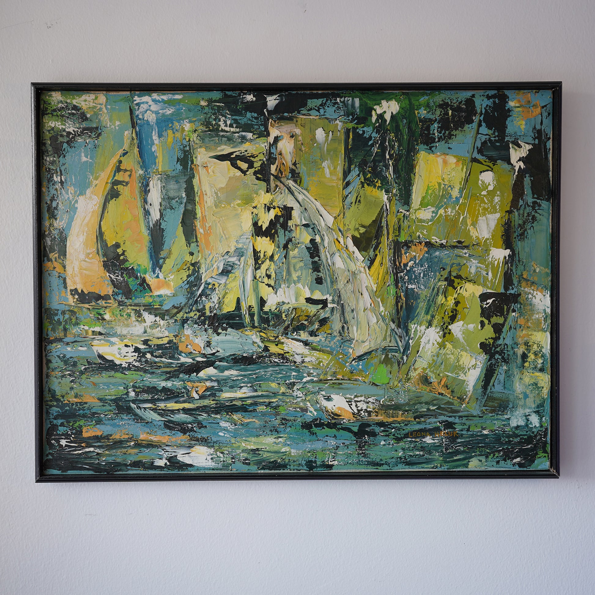 Leona Heluk (1932-2002) Mid-Century Abstract Expressionist Sailboat Oil Painting Original