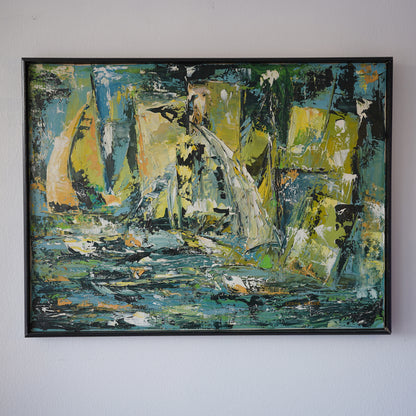Leona Heluk (1932-2002) Mid-Century Abstract Expressionist Sailboat Oil Painting Original