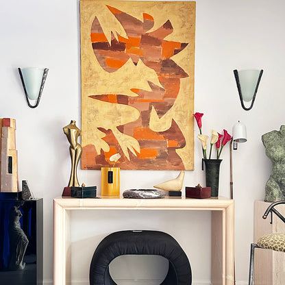 Postmodern Frosted Glass and Hammered Iron Wall Sconces